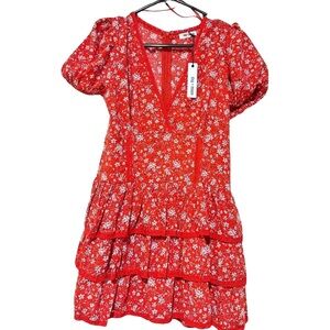 Day + Moon Red Floral Puff Sleeve Tiered Mini Dress Size M NWT Fits S-M